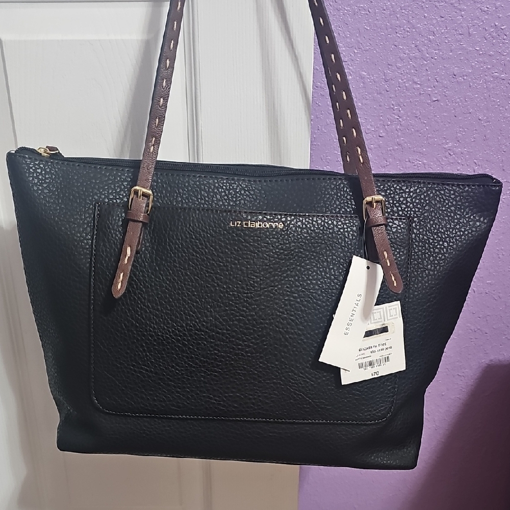 Liz Claiborne Black Pebbled Tote with Brown Straps